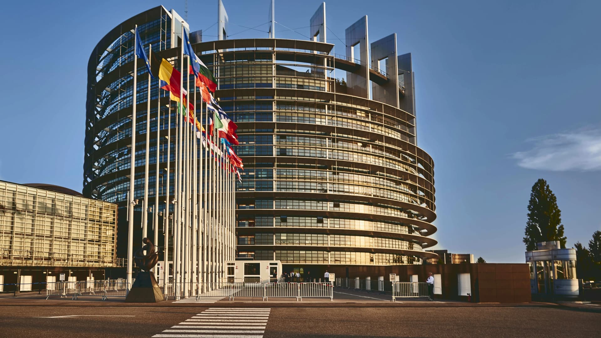 The European Parliament building in Strasbourg, France, under a clear sky