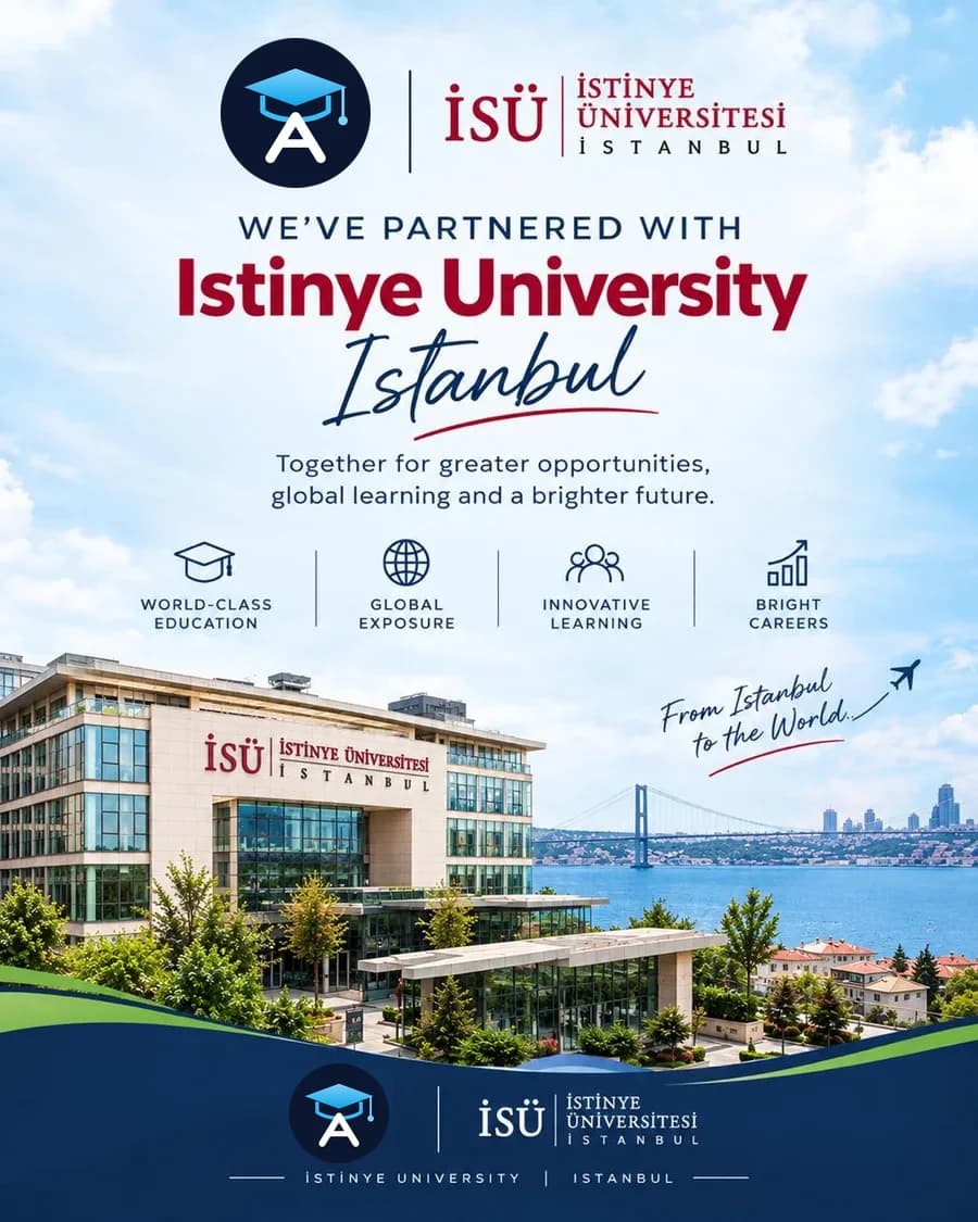 AdmitsFair announcement for the Istinye University partnership, showing the university building on the Istanbul waterfront.