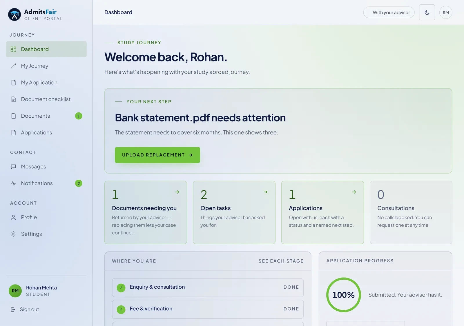 The portal dashboard, showing the next step a student needs to take, counts of open documents and tasks, and how far the application has progressed.